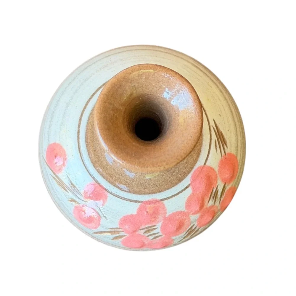 Vintage Studio Pottery Bud Vase Hand Painted Pink Floral Stoneware Earthy Boho